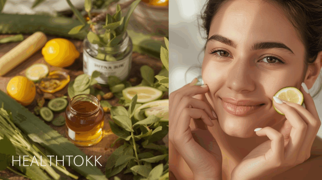 Smiling person with clear skin and natural acne remedies like cucumber, honey, and aloe on a table.