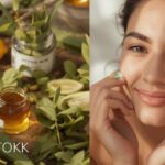 Smiling person with clear skin and natural acne remedies like cucumber, honey, and aloe on a table.