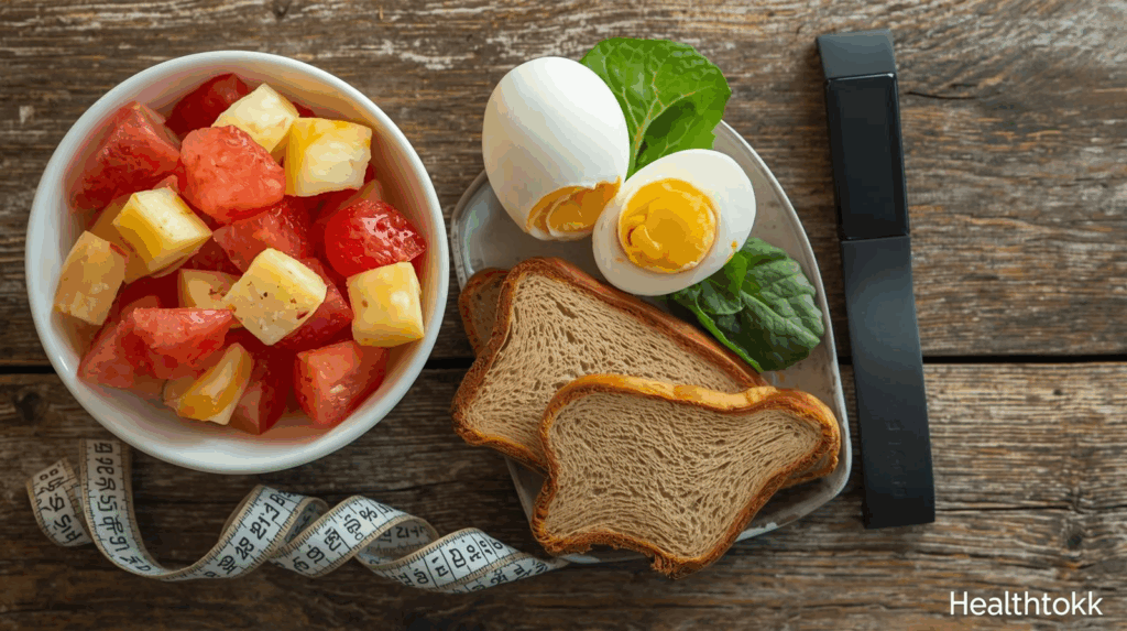 Healthy breakfast meal including chopped apples, grapefruit, boiled eggs, whole grain toast, and fresh spinach, with a measuring tape and fitness tracker — representing practical fat loss choices for Kenya, USA, Canada, and UK.  Healthy life