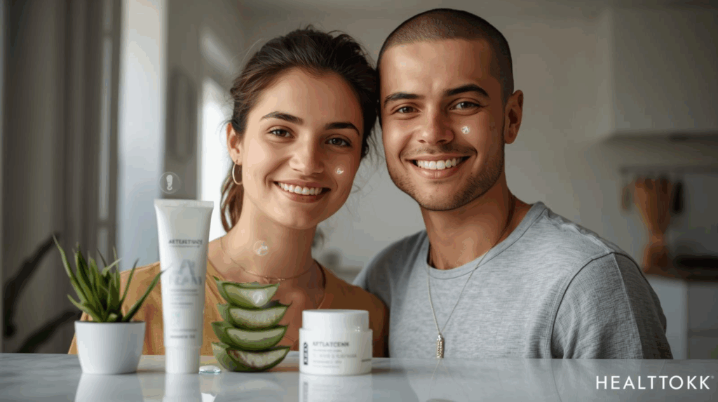 US teen and adult with clear skin, digital AI icons, and natural acne remedies.