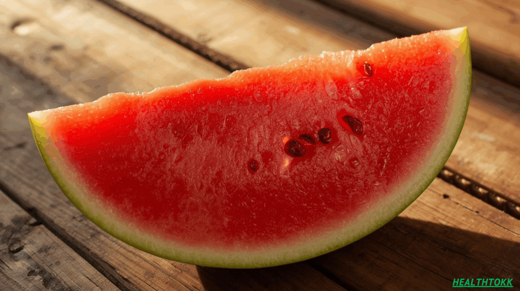 resh juicy watermelon slice with seeds on a wooden table