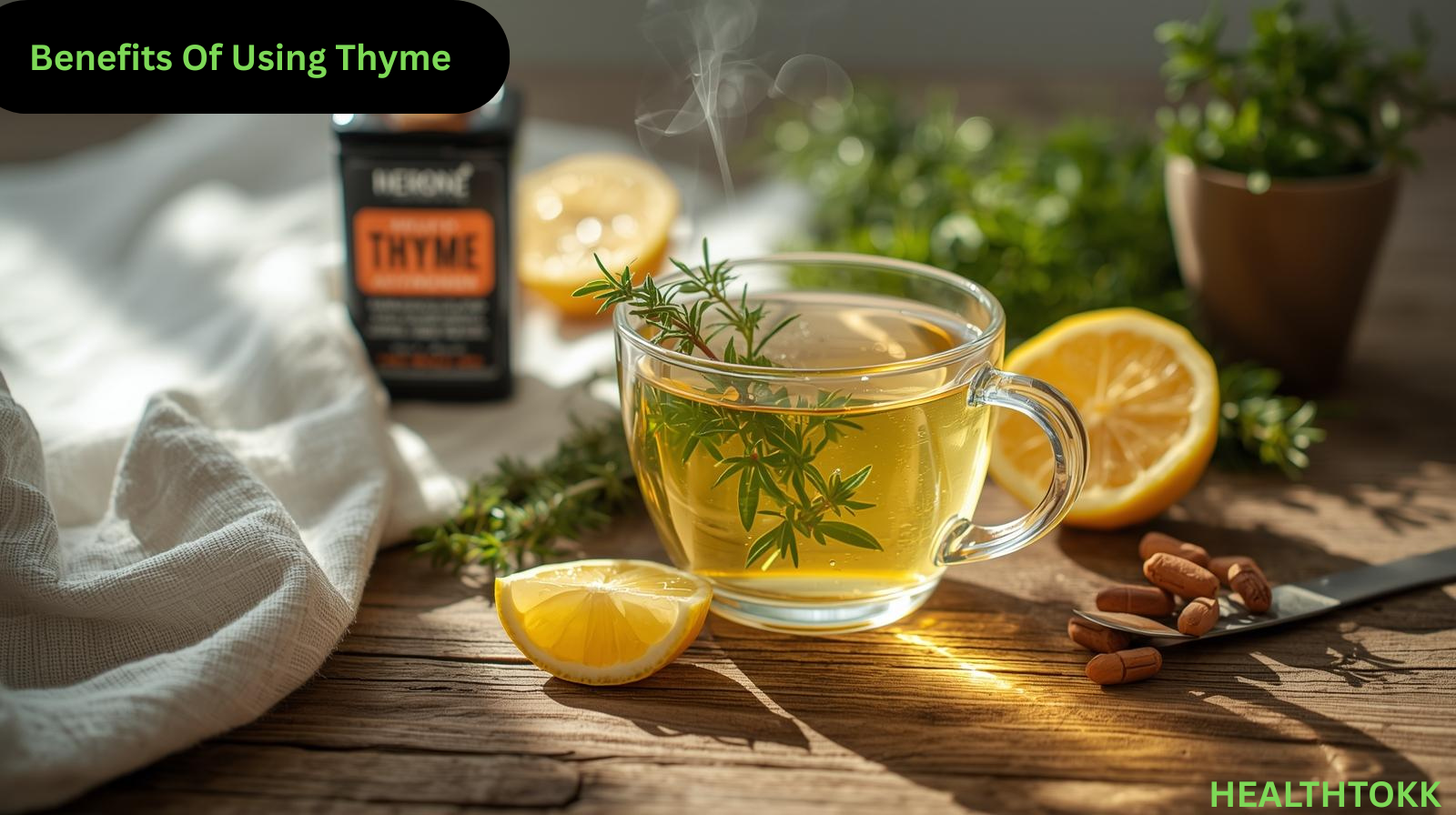  Herbal thyme tea and fresh thyme sprigs on a table with lemon and supplements, illustrating thyme’s health and wellness benefits.