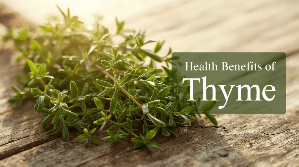 Fresh thyme herbs on a rustic kitchen table with Mediterranean ingredients, representing wellness and health benefits of thyme.