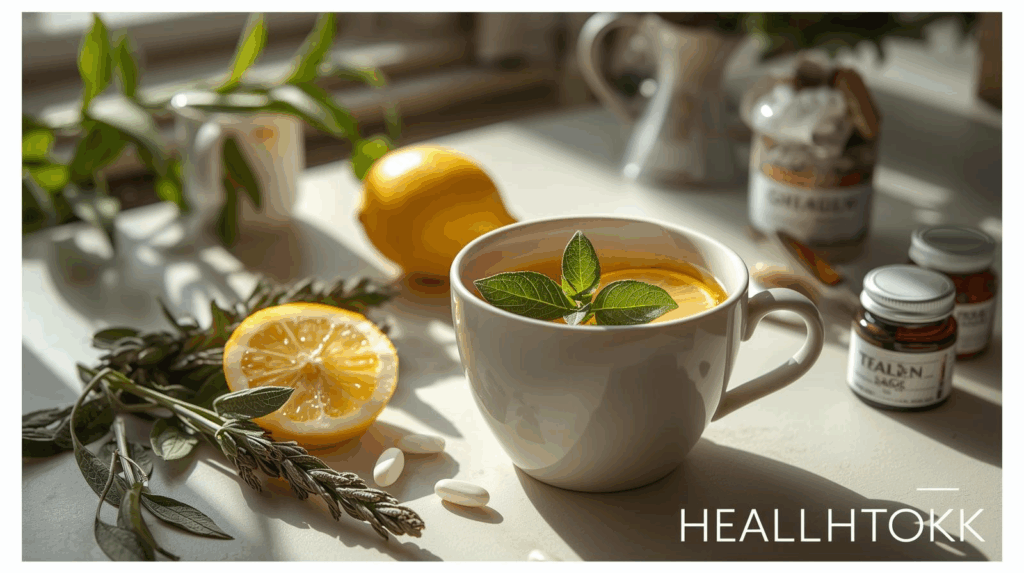 Herbal sage tea steaming in a cup with fresh sage leaves, lemon slices, and health supplements, emphasizing sage’s benefits for wellness and nutrition.