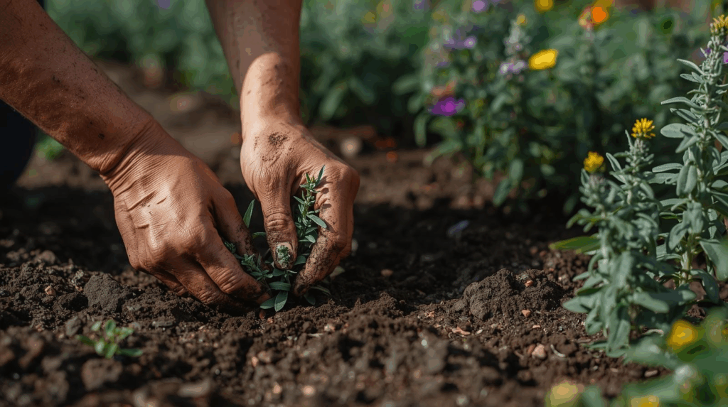  Hands planting sage cuttings into rich garden soil, surrounded by healthy sage plants and blooming flowers, showcasing organic gardening and wellness.