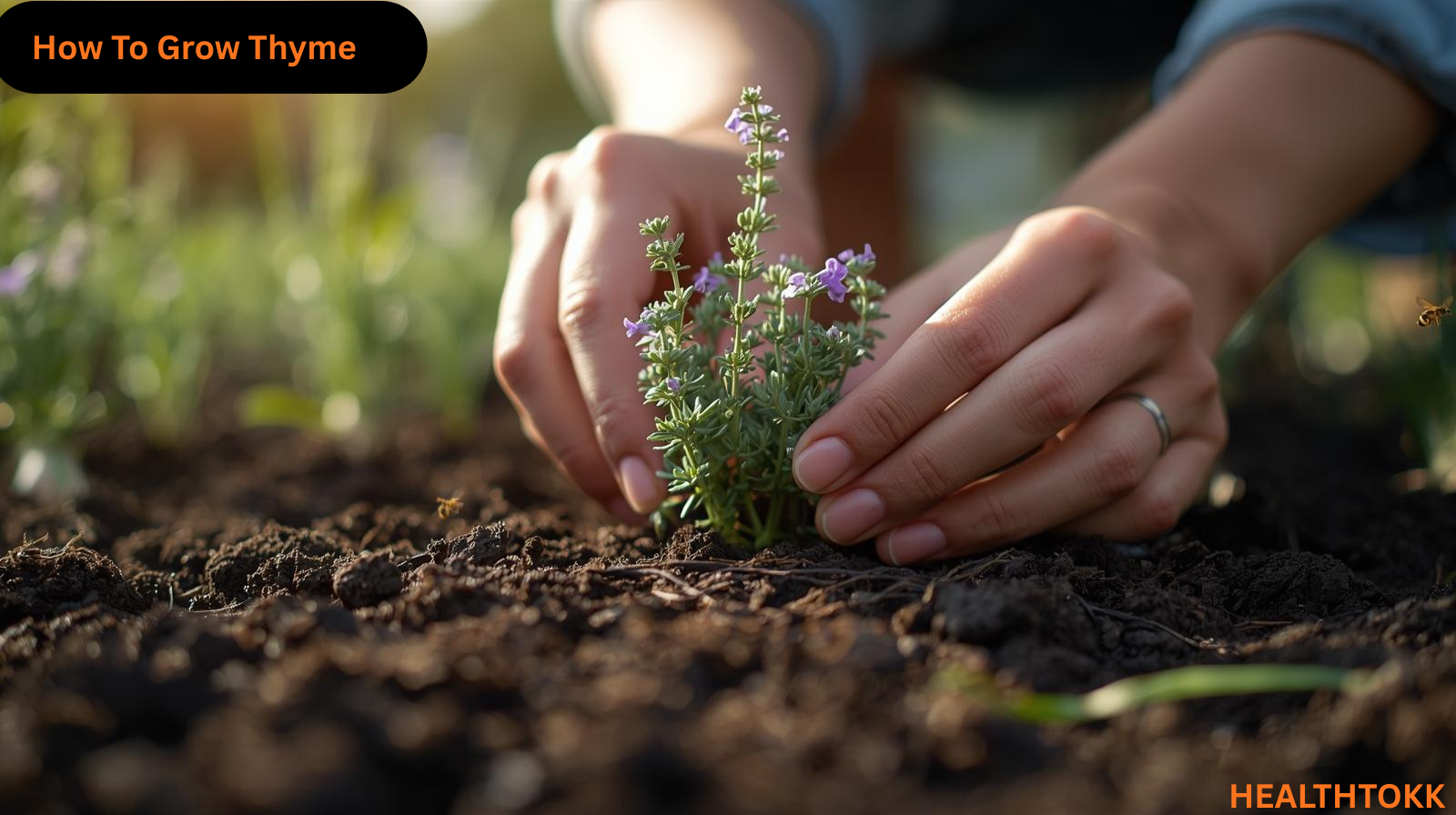  Gardener planting thyme cuttings in sunlit organic soil as pollinators visit blooming thyme flowers, highlighting how to grow thyme for health and wellness.