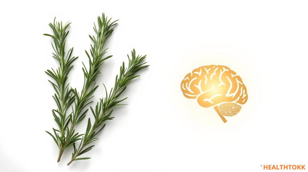 Rosemary herb near a human brain icon symbolizing memory benefits