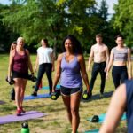 Diverse group of people exercising together in a park for health promotion and wellness.