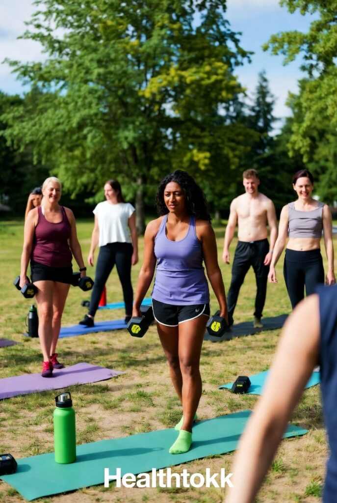 Diverse group of people exercising together in a park for health promotion and wellness.