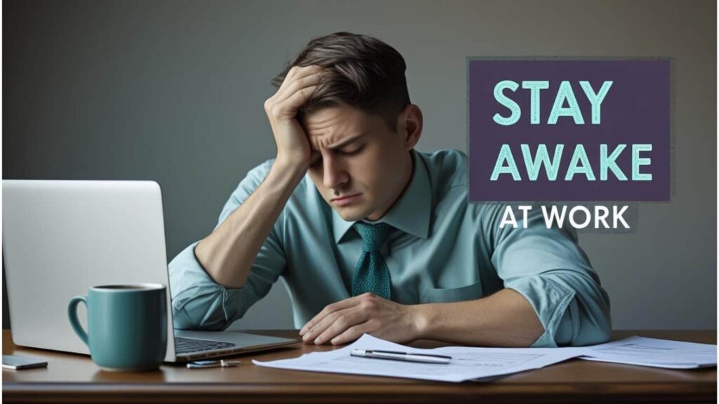 Office worker standing up to stretch beside desk during a short break, using Healthtokk tips to stay awake at work.
