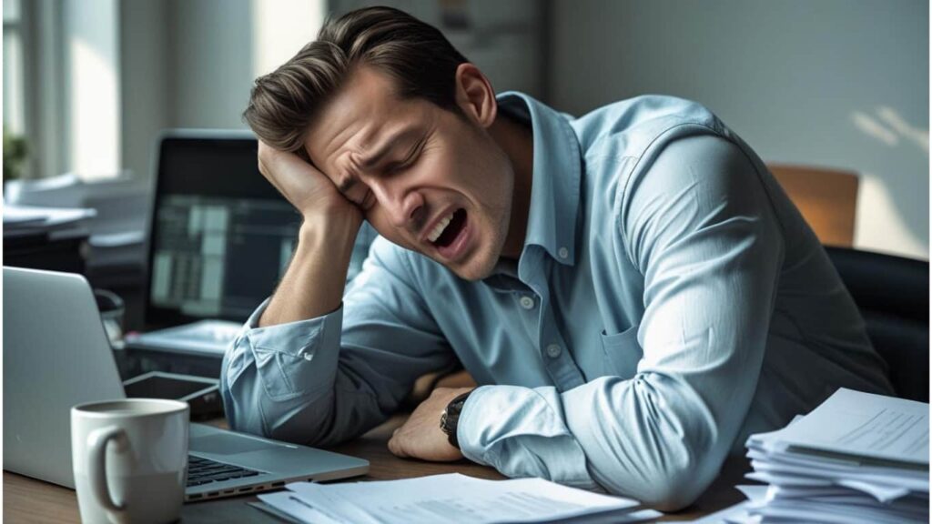 Office worker rubbing eyes and trying to stay alert at a desk, showing how to stay awake at work – Tips from Healthtokk, Healthtokk