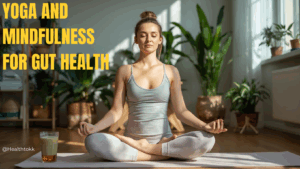 A woman practicing yoga and mindfulness for better gut health at home