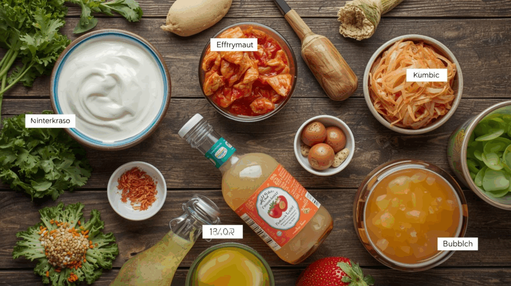 Probiotic foods like yogurt and kimchi that support gut health and reduce signs of an unhealthy gut