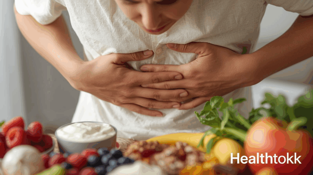 Person holding stomach in discomfort next to probiotic foods and vegetables representing early signs of poor gut health