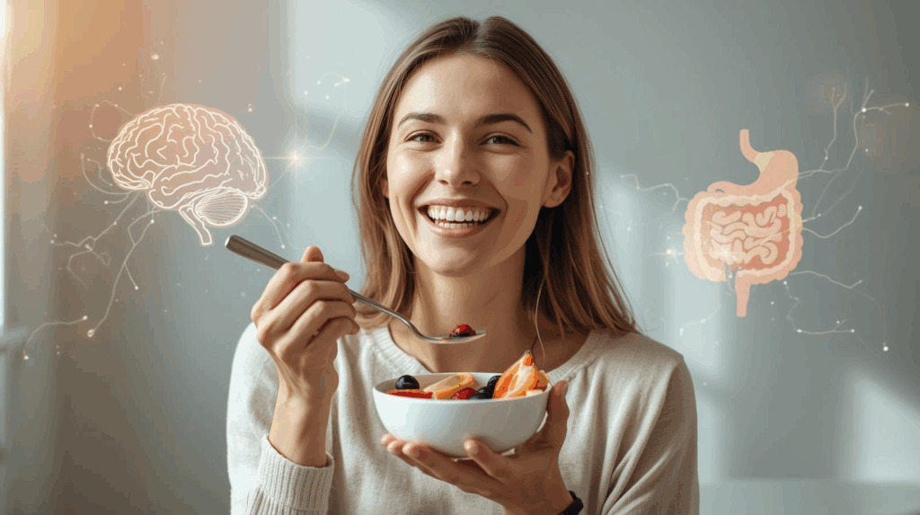 Woman eating yogurt while showing a glowing connection between the gut and brain – symbolizing a healthy gut-brain connection.