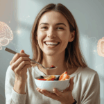 Woman eating yogurt while showing a glowing connection between the gut and brain – symbolizing a healthy gut-brain connection.