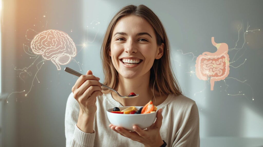 Woman eating yogurt while showing a glowing connection between the gut and brain – symbolizing a healthy gut-brain connection.