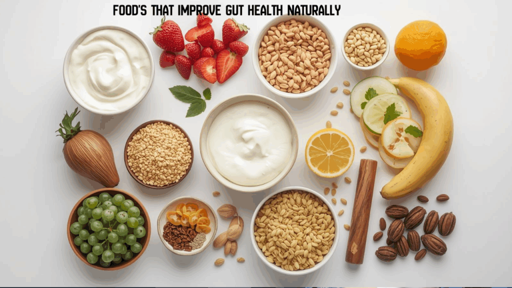 Healthy gut foods including yogurt, kefir, fruits, vegetables, and fermented meals arranged on a white background.