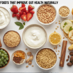 Healthy gut foods including yogurt, kefir, fruits, vegetables, and fermented meals arranged on a white background.