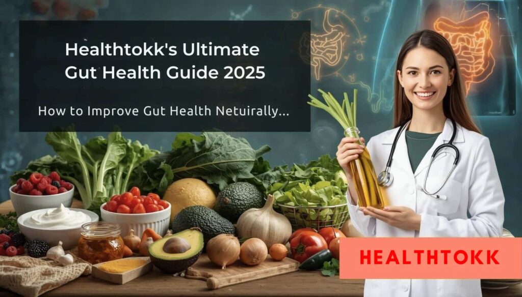 Health professional in a white coat standing beside a table of gut-friendly foods like yogurt, berries, leafy greens, garlic, and fermented vegetables