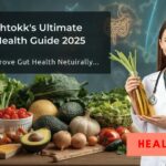 Health professional in a white coat standing beside a table of gut-friendly foods like yogurt, berries, leafy greens, garlic, and fermented vegetables