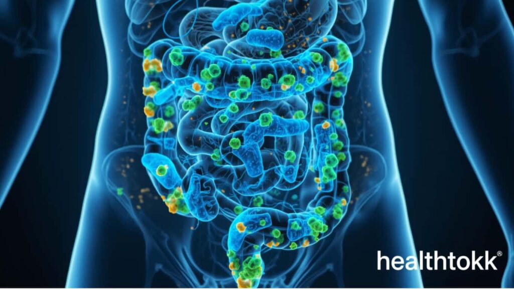 Illustration of gut bacteria and digestive system showing healthy microbiome balance