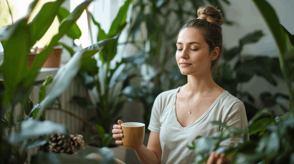 Woman meditating at home after improving gut health, showing relief from signs of an unhealthy gut