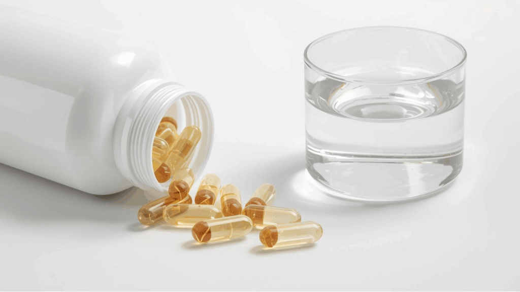 Probiotic supplement capsules for gut health on a white background