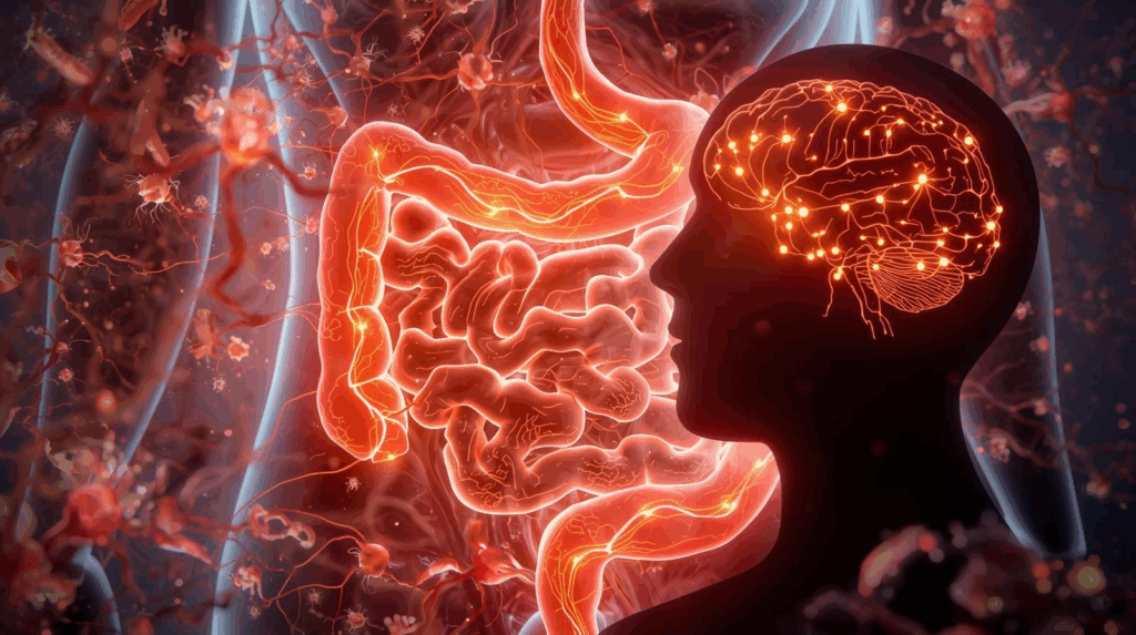 3D illustration showing the gut-brain connection highlighting signs of an unhealthy gut and its impact on mood