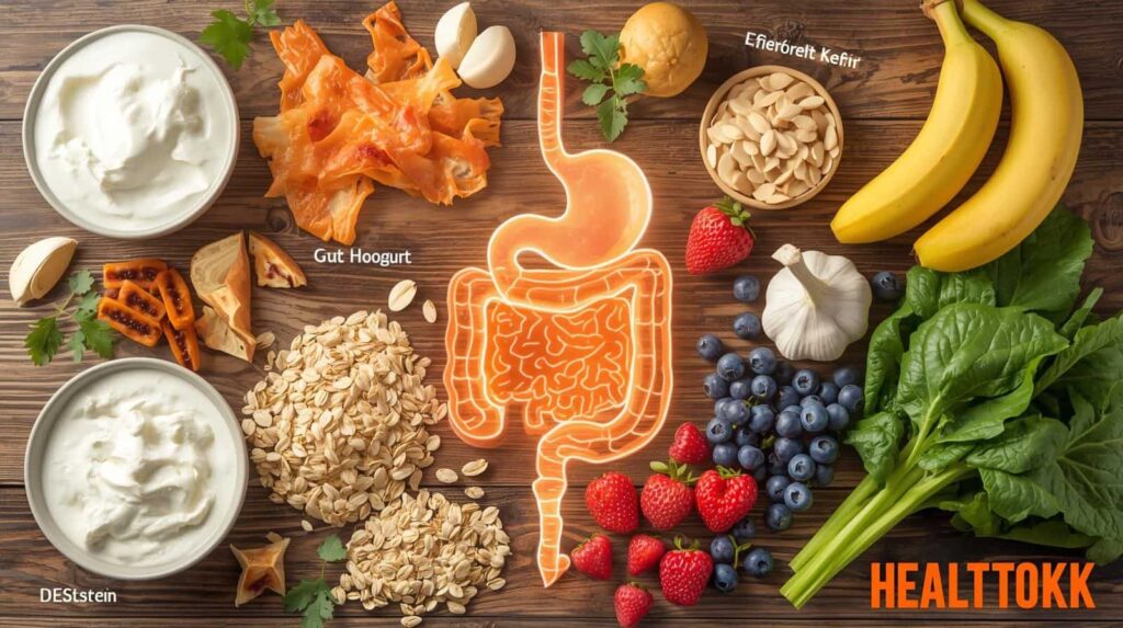 Gut healing foods and supplements including yogurt, kefir, bananas, berries and leafy greens that help restore gut health naturally
