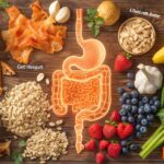 Gut healing foods and supplements including yogurt, kefir, bananas, berries and leafy greens that help restore gut health naturally