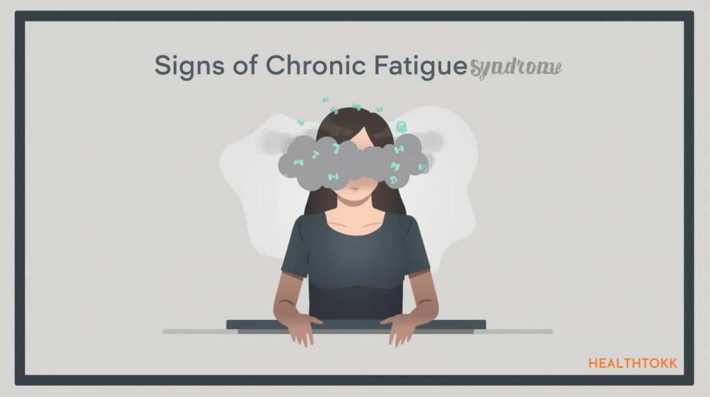 Flat illustration of person at desk with brain fog and dizziness representing cognitive Signs of Chronic Fatigue Syndrome,