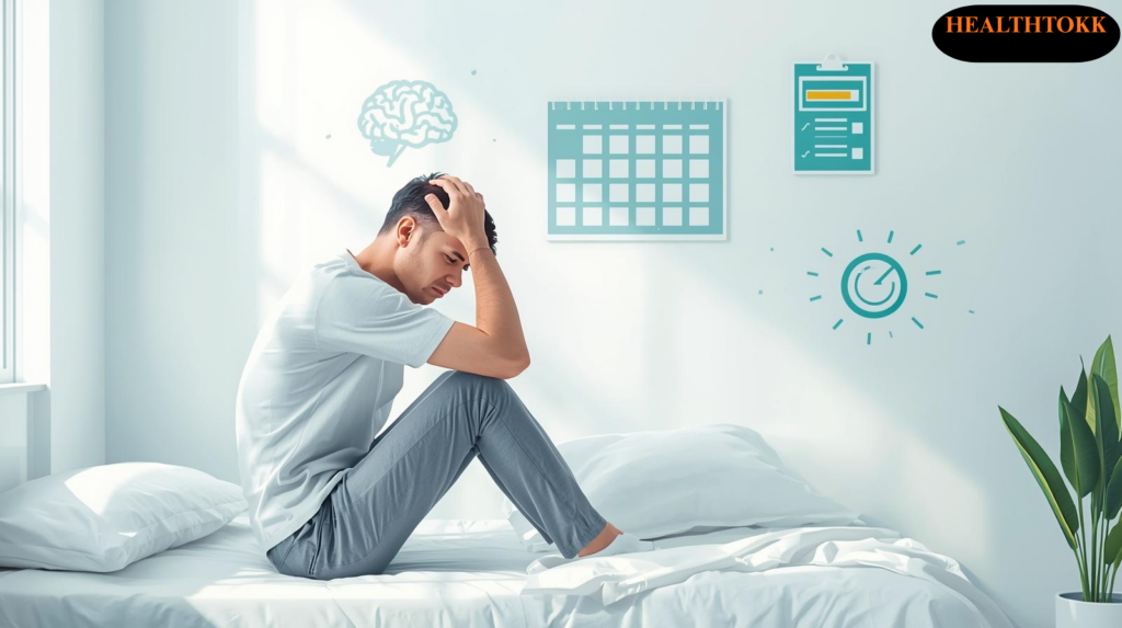 Exhausted adult sitting on the edge of a bed surrounded by an overwhelming to‑do list, representing chronic fatigue syndrome symptoms and constant tiredness.