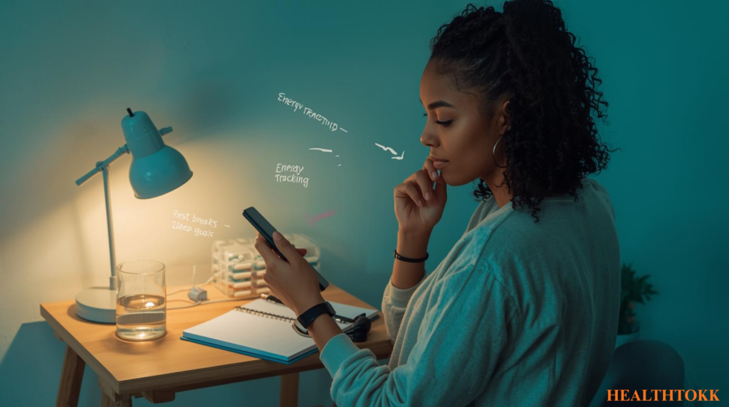 Person writing in a notebook and checking a phone app to track energy levels and rest breaks, showing how to manage chronic fatigue syndrome symptoms with planning and pacing.