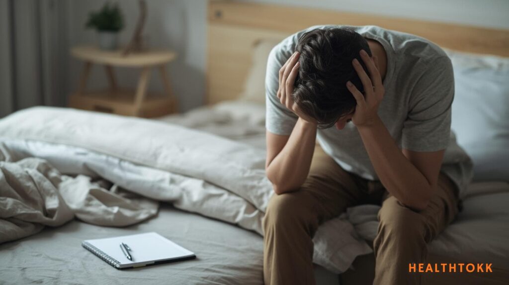 “Tired adult on bed with notebook tracking daily energy and Signs of Chronic Fatigue Syndrome, HEALTHTOKK branding bottom right.”