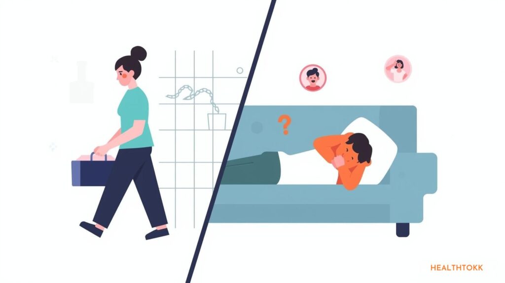 Two‑panel illustration of person active then crashed on sofa, showing post‑exertional malaise as Signs of Chronic Fatigue Syndrome,
