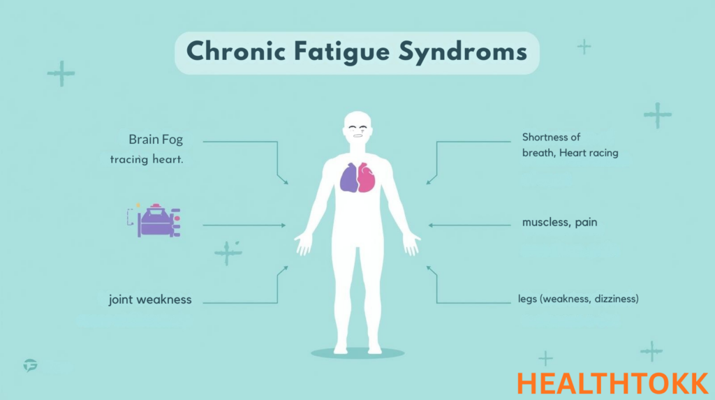 Infographic of a human body with labels for brain fog, unrefreshing sleep, pain, and dizziness, explaining chronic fatigue syndrome symptoms.