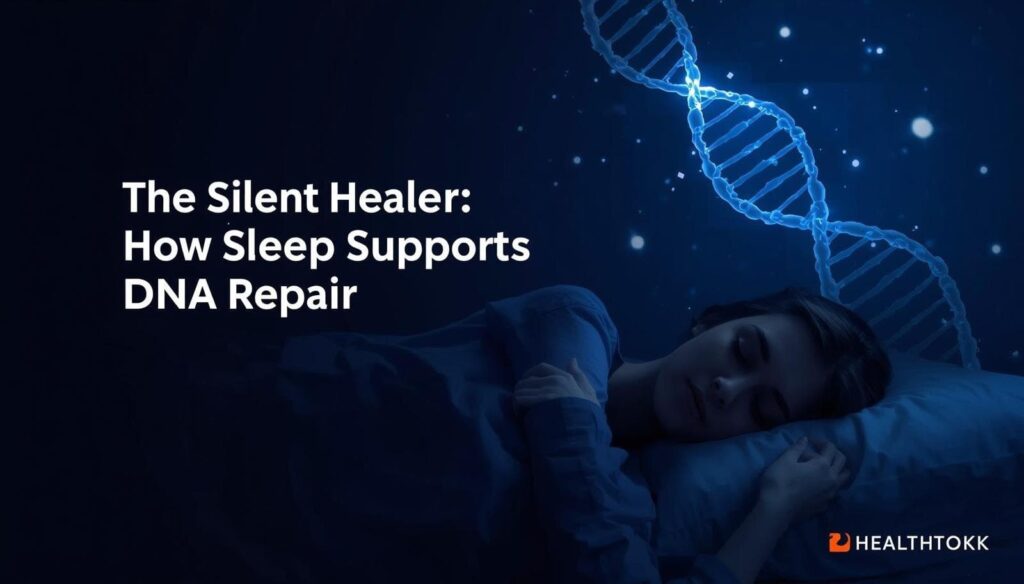 Peaceful person sleeping at night with glowing DNA strands above the bed, illustrating how sleep supports DNA repair and cellular healing.