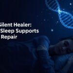 Peaceful person sleeping at night with glowing DNA strands above the bed, illustrating how sleep supports DNA repair and cellular healing.