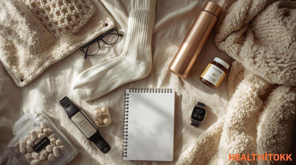 Organized flat-lay of essential ME/CFS products including heating pad, compression socks, supplements and tools — Healthtokk Amazon guide