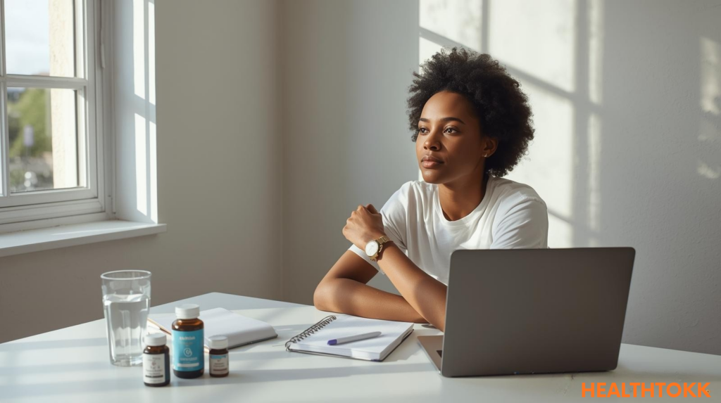 Person managing ME/CFS treatment plan at desk with wellness journal and health tracking tools – Healthtokk guide