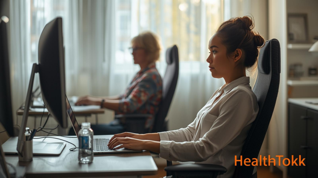 Person working from comfortable home office with ME/CFS workplace accommodations — Healthtokk guide to ME/CFS and work