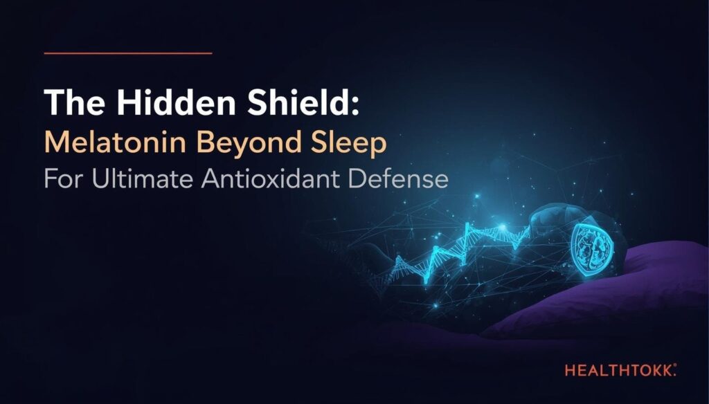 Glowing DNA shield around a resting person at night, illustrating melatonin beyond sleep antioxidant effects protecting the brain, heart and cells. 