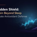 Glowing DNA shield around a resting person at night, illustrating melatonin beyond sleep antioxidant effects protecting the brain, heart and cells. 