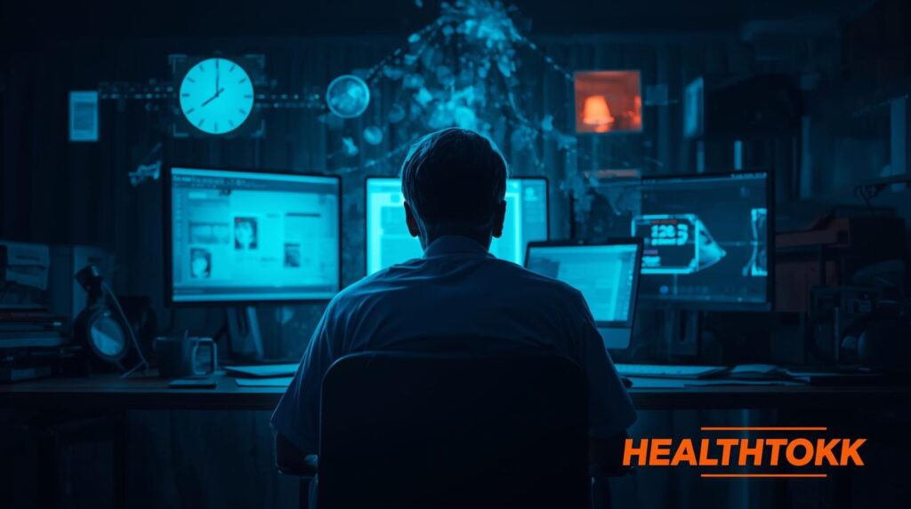 Night shift worker under blue light screens suffering circadian rhythm disruption and sleep problems