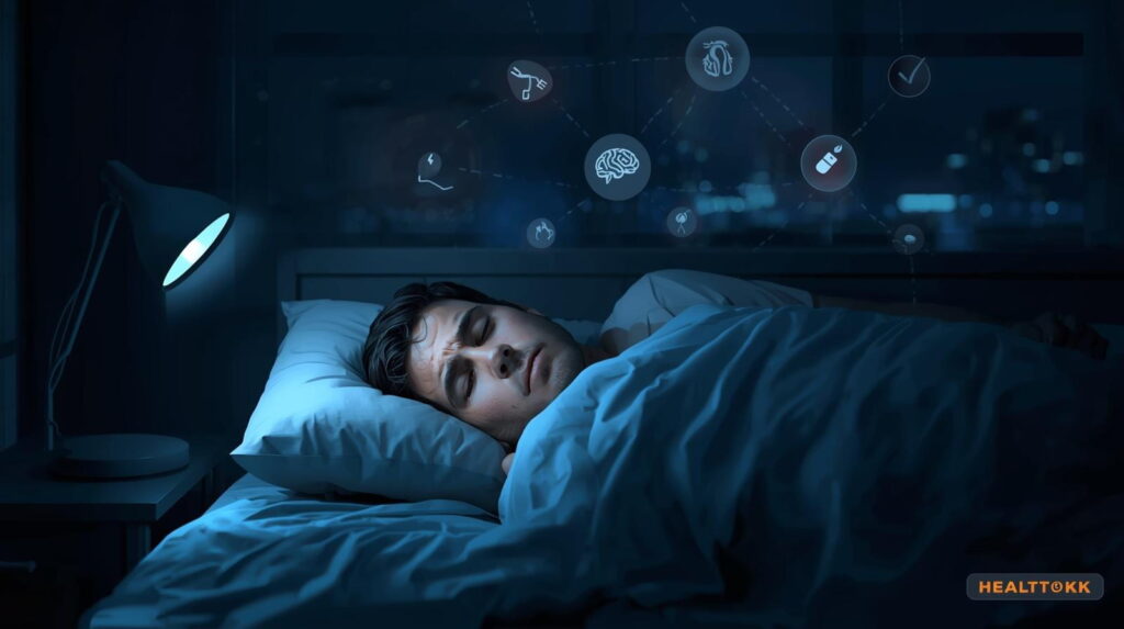 Exhausted person awake at night in bed, illustrating how chronic sleep deprivation increases long-term risk of heart disease, diabetes, and other chronic illnesses